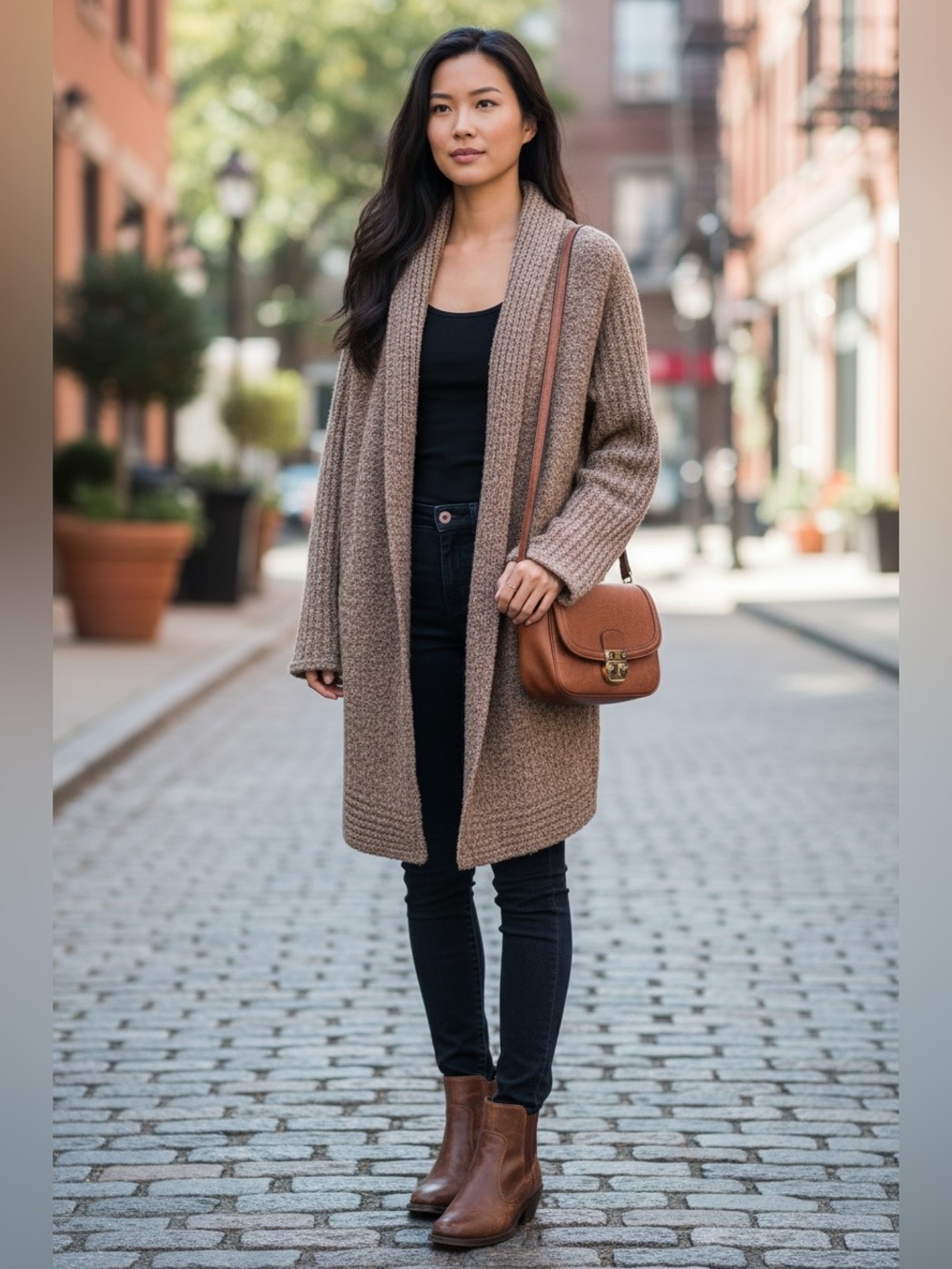 Open-Front Brown Marled Knit Cardigan for Women